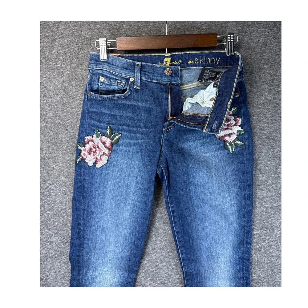 7 For All Mankind Blue Skinny Jeans with Pink Rose Embroidery